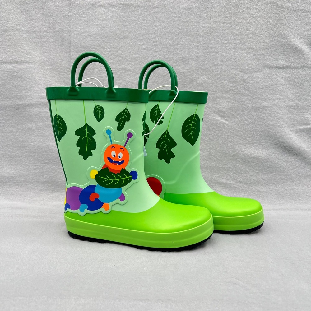 Cat & Jack Kids Green Caterpillar Rain Boots Size 12 Waterproof Pull On